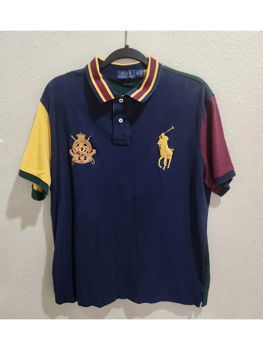 Polo Ralph Lauren Big Pony Colorblock Crest Polo Shirt Blue Red Gold Men XL